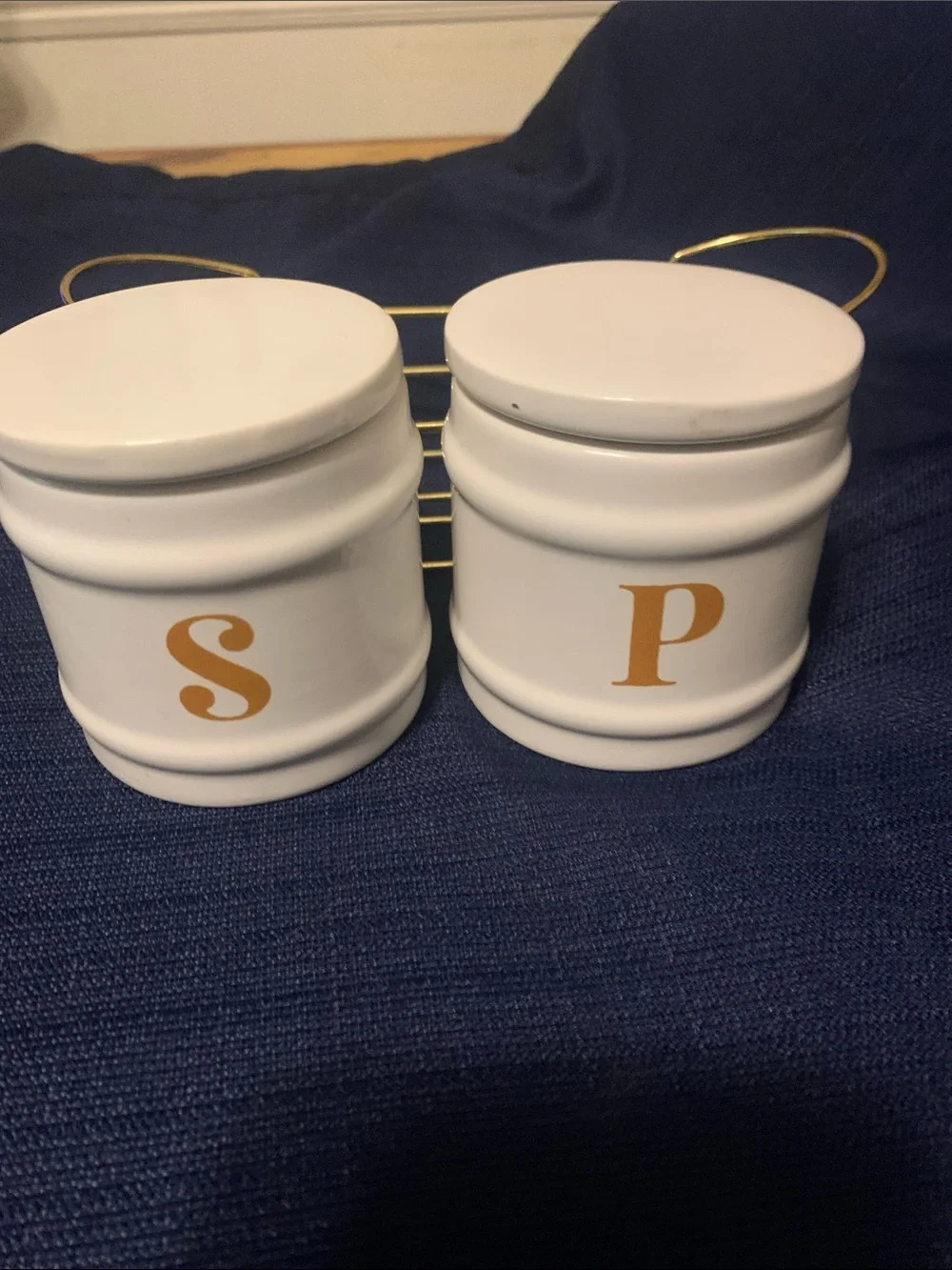 Source Unknown White Ceramic S & P Jars with Gold Wire Carrier